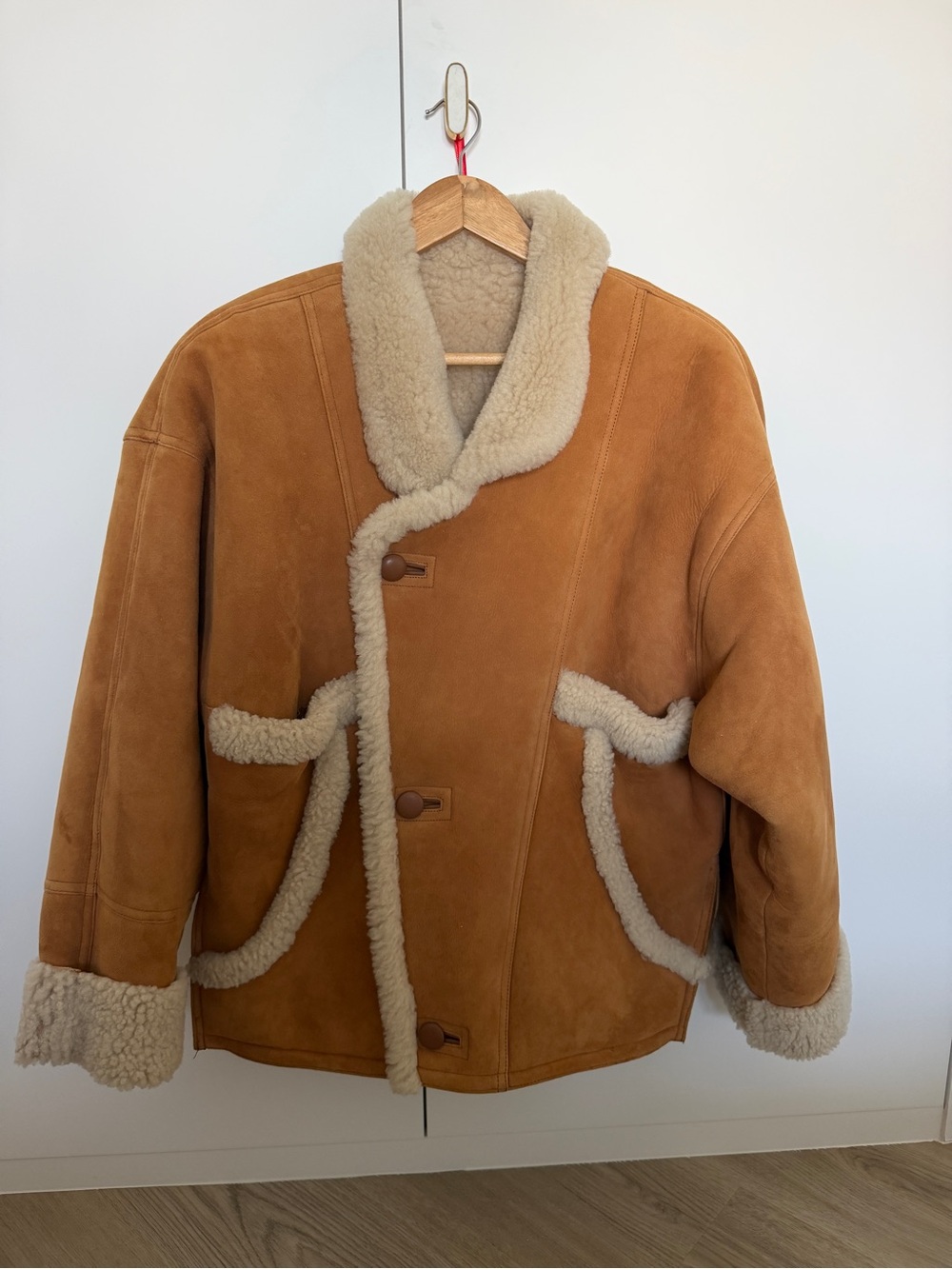 Sandro Tan Shearling-Trim Suede Jacket